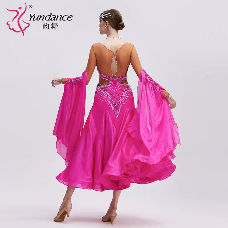Women's Standard Ballroom Dance Dress Pearl Silk Rose Red For Competition