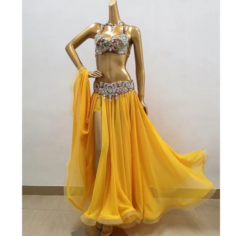 Belly Dance Costume Women's Yellow Sequin & Bead Embellished Chiffon Bra Top and Slit Skirt Set
