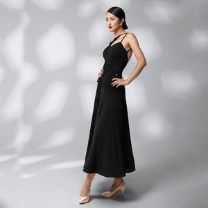 Women's Black Asymmetrical One-Shoulder Mesh Panel Leaf Pattern Latin Ballroom Dance Dress