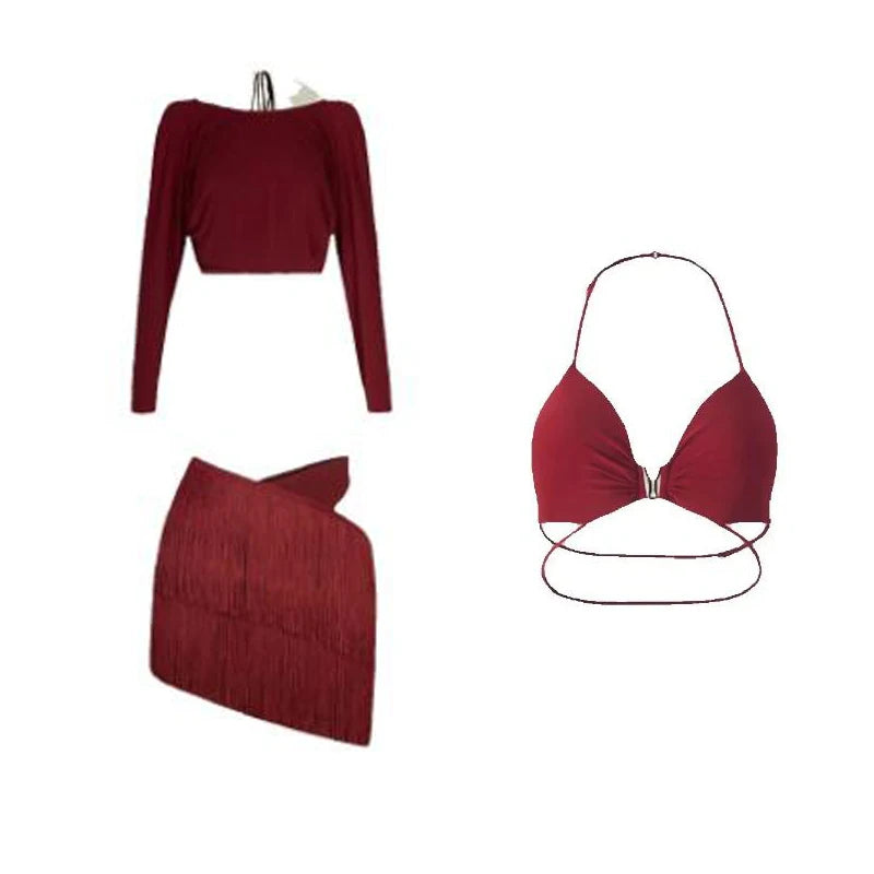 Women's Burgundy & Black Fringe Latin Dance Skirt Set with Long Sleeve Crop Top