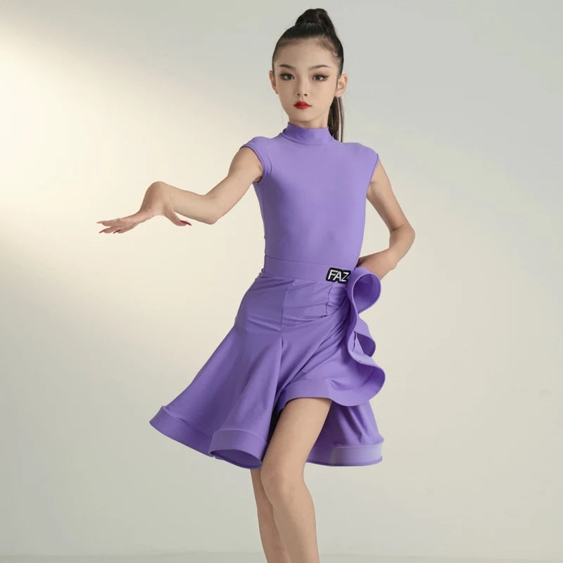 Kids Girls Ballroom Dance Dress, Sleeveless Turtleneck Lycra Ruffle Skirt, Latin Samba Cha Cha Performance Costume