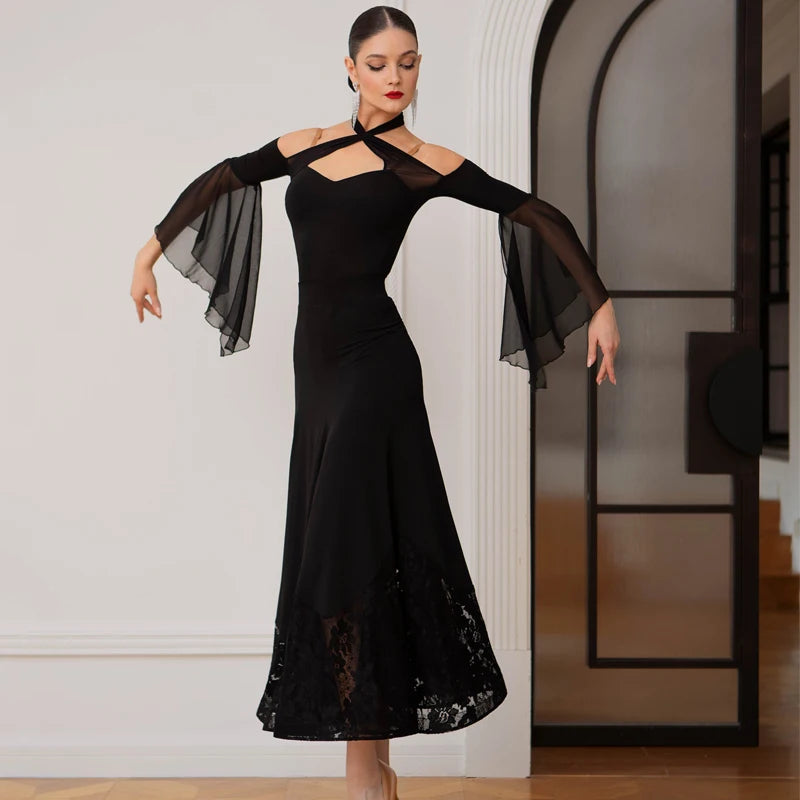 Women's Black Cold Shoulder Mesh Sleeve Lace Hem Ballroom Dance Dress
