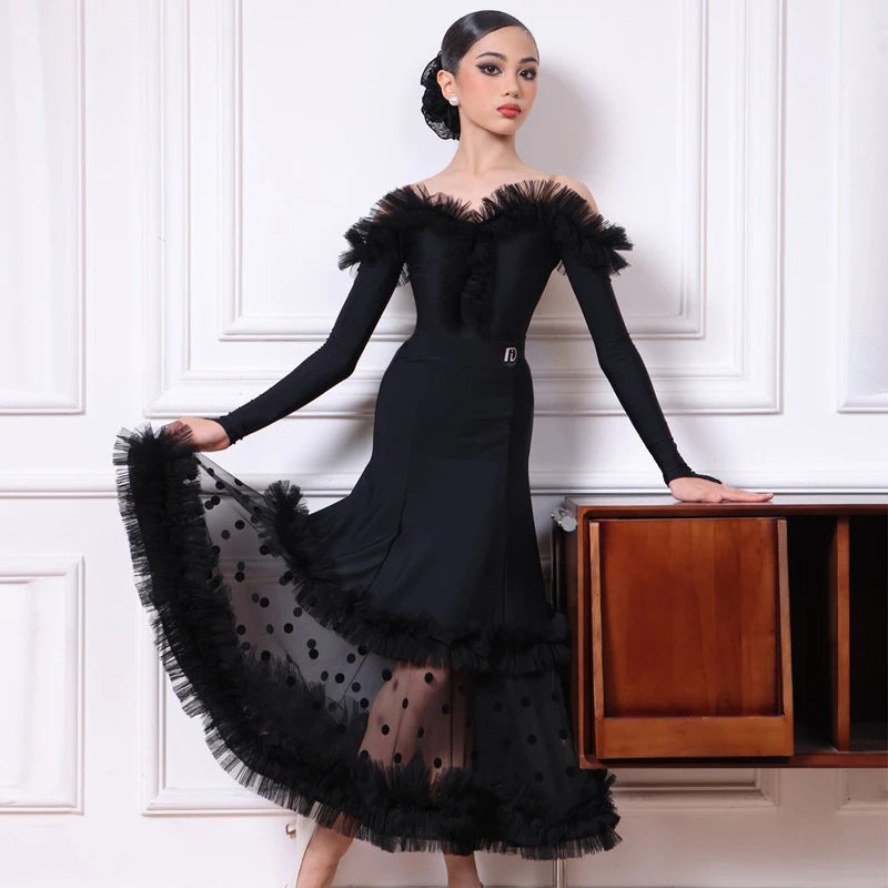 Ballroom Dance Dress Girls Black Off-Shoulder Ruffle Mesh Polka Dot Latin Dance Dress, Ballroom Dance Dress Girls Light Blue Off-Shoulder Ruffle Mesh Latin Dance Dress