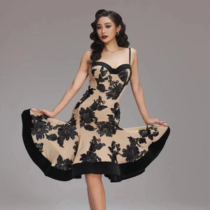Women's Beige Black Floral Lace Latin Dance Dress - Spaghetti Strap, Asymmetrical Hem