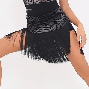 Women's Brown & Black Zebra Print Velvet Fringe Latin Dance Dress