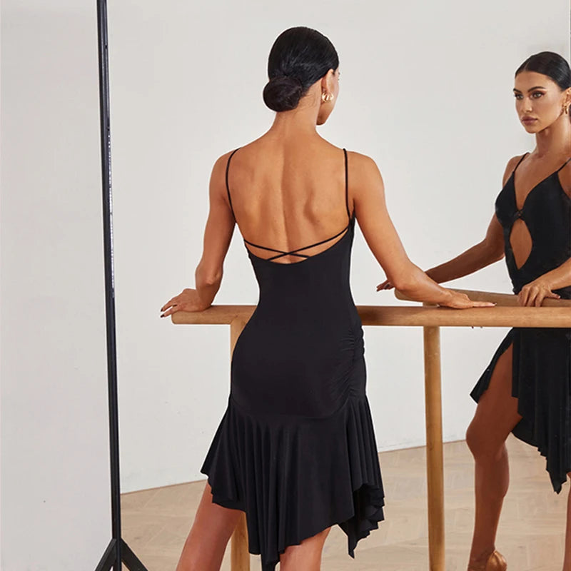 Women's Black, Red, Pink V-Neck Ruched Slit Ruffled Hem Latin Dance Dress