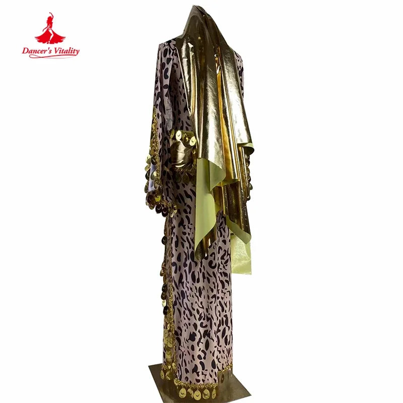 Belly Dance Costume Women's Leopard Print Gold Coin Long Dress with Bell Sleeves and Hip Scarf