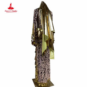 Belly Dance Costume Women's Leopard Print Gold Coin Long Dress with Bell Sleeves and Hip Scarf