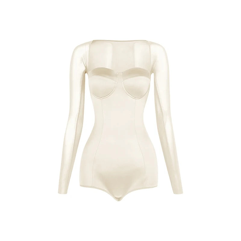 Women's White Long Sleeve Mesh Bodysuit & Asymmetrical Skirt Latin Dance Dress