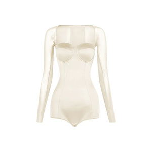 Women's White Long Sleeve Mesh Bodysuit & Asymmetrical Skirt Latin Dance Dress