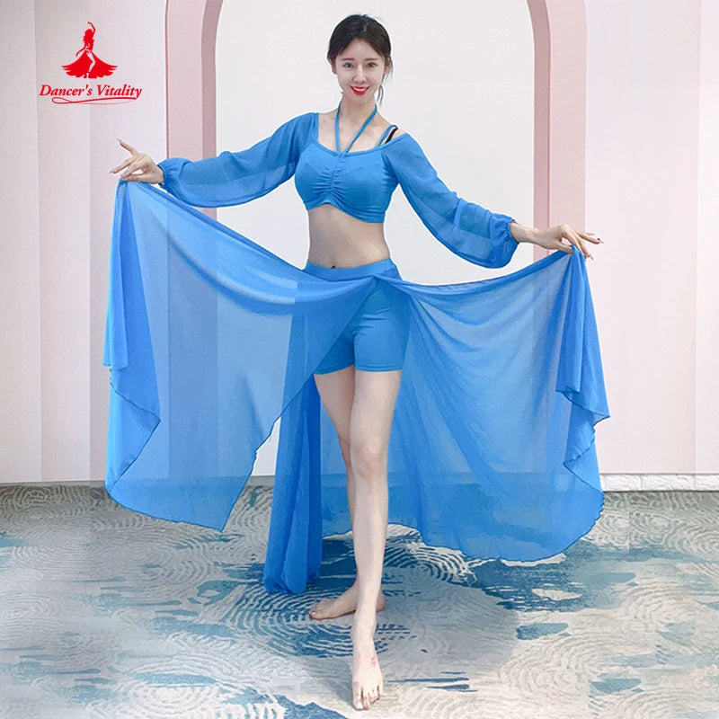 Belly Dance Costume Women's Adult Blue Chiffon Long Sleeve Halter Top & Skirt Set, Red Chiffon Long Sleeve Halter Top & High-Slit Skirt Set