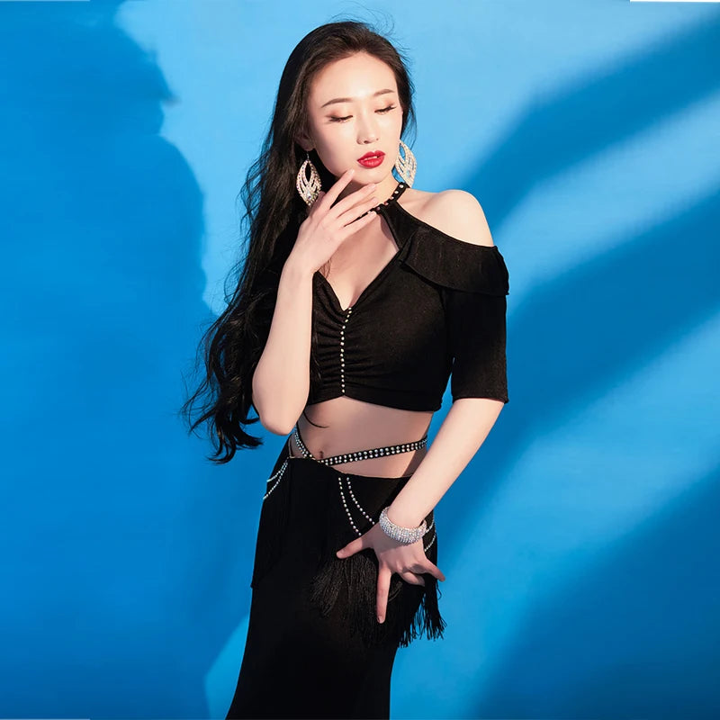 Women's Red Halter Cold Shoulder Crop Top & Slit Skirt with Fringe & Rhinestone Belly Dance Costume