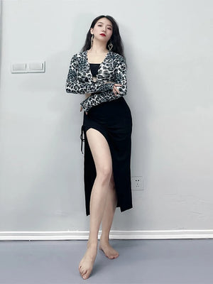 Women's Leopard Print Long Sleeve Crop Top & Black Slit Skirt Set - Latin Dancewear