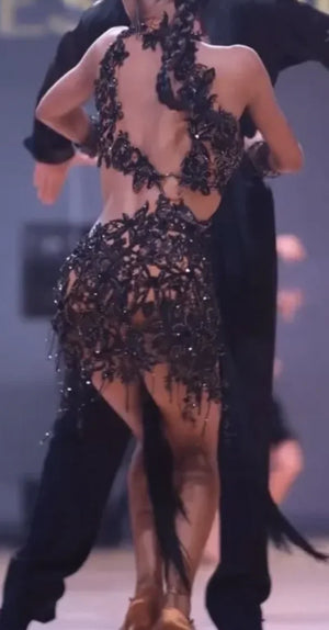 Women's Black Beaded Fringe Latin Dance Dress with Halter Neck and Cutouts