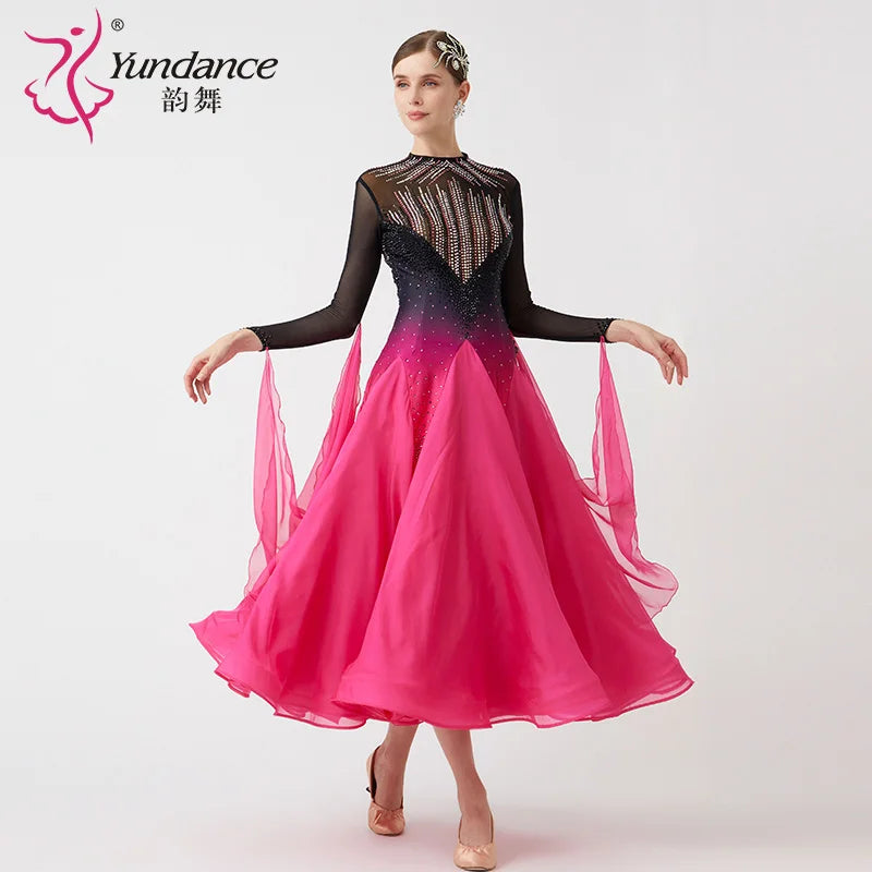 Women's International Standard Ballroom Dance Dress Long Peach Chiffon For Competition