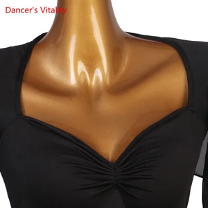 Women's Black Ballroom Dance Dress with Sweetheart Neckline, Ruffled Sleeves, and Satin Waistband