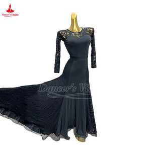 Women's Ballroom Practice Dress Long Sleeve Full Skirt With Built-In Bra Pads For Waltz, Foxtrot, Tango