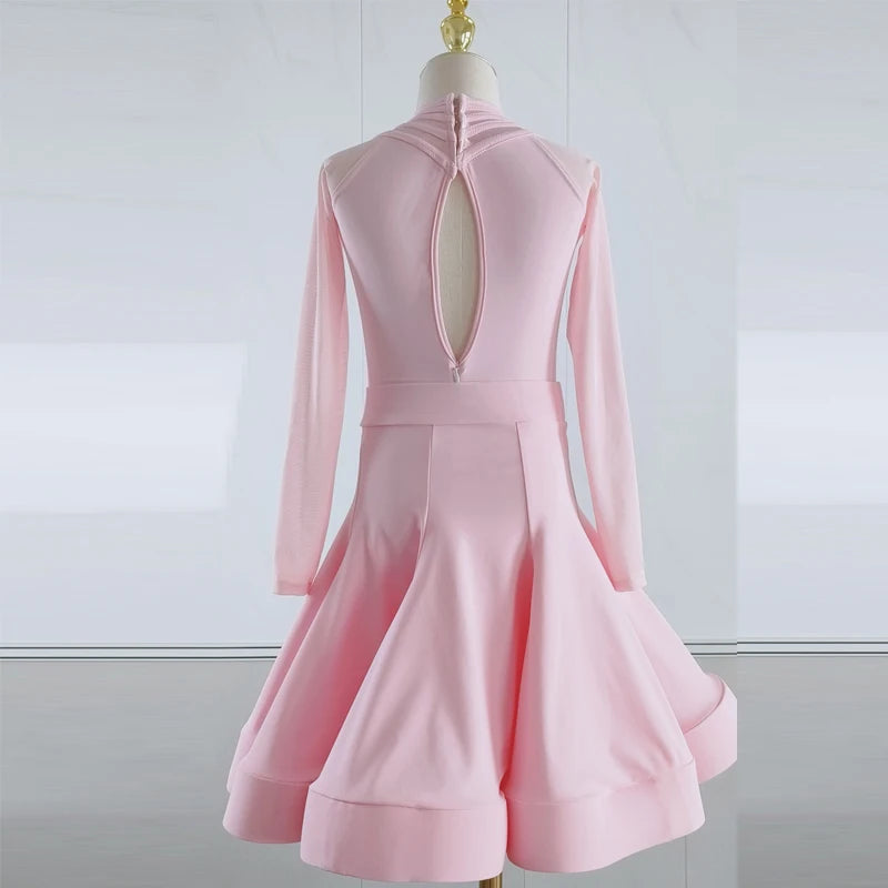 Women's Pink Satin Ballroom Dance Dress with Mesh Sleeves and Ruched Bodice