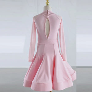 Women's Pink Satin Ballroom Dance Dress with Mesh Sleeves and Ruched Bodice