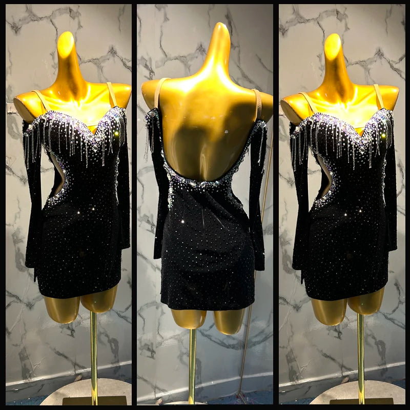 Latin Dance Dress Women's Black Rhinestone Fringe Backless Long Sleeve Performance Mini Dress