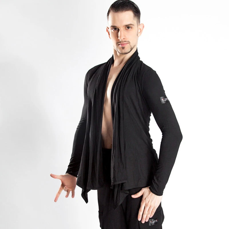 Men's Black Loose Fit Long Cardigan V-Neck Top and Trousers Modern Dancewear