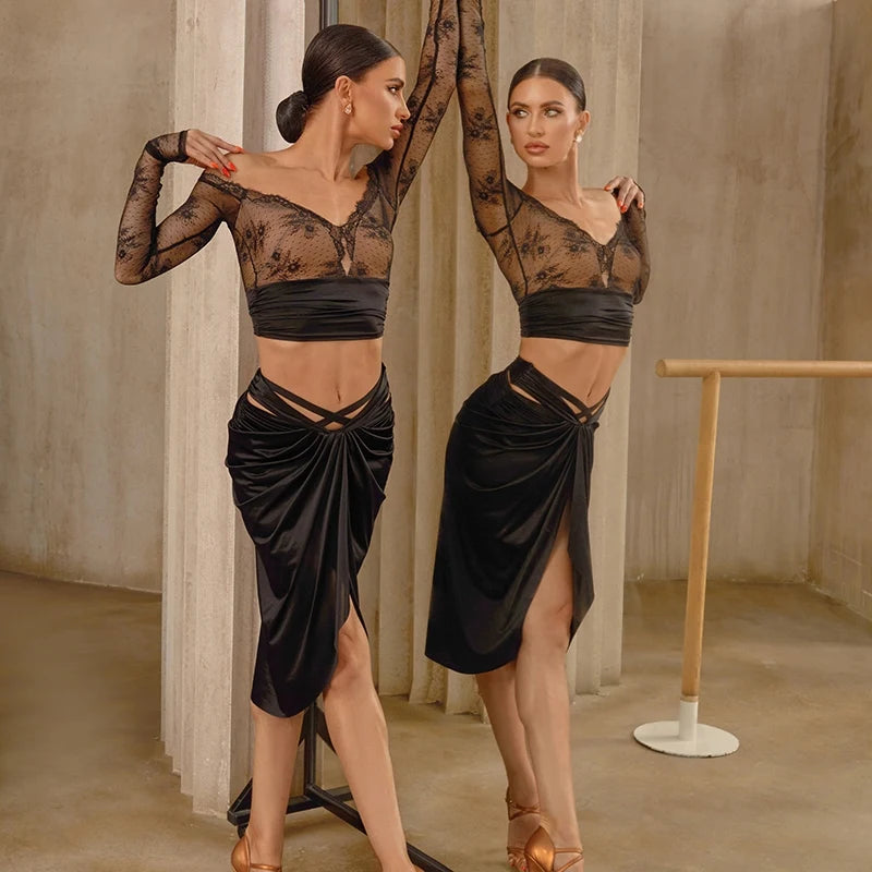 Women's Black Lace Off-Shoulder Crop Top & Satin Cutout Ruched Skirt Latin Dance Dress