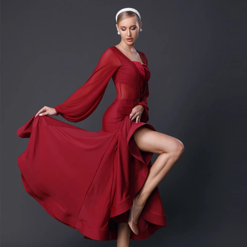 Women's Red & Black Ballroom Dance Dress with Mesh Sleeves & Velvet Bodice