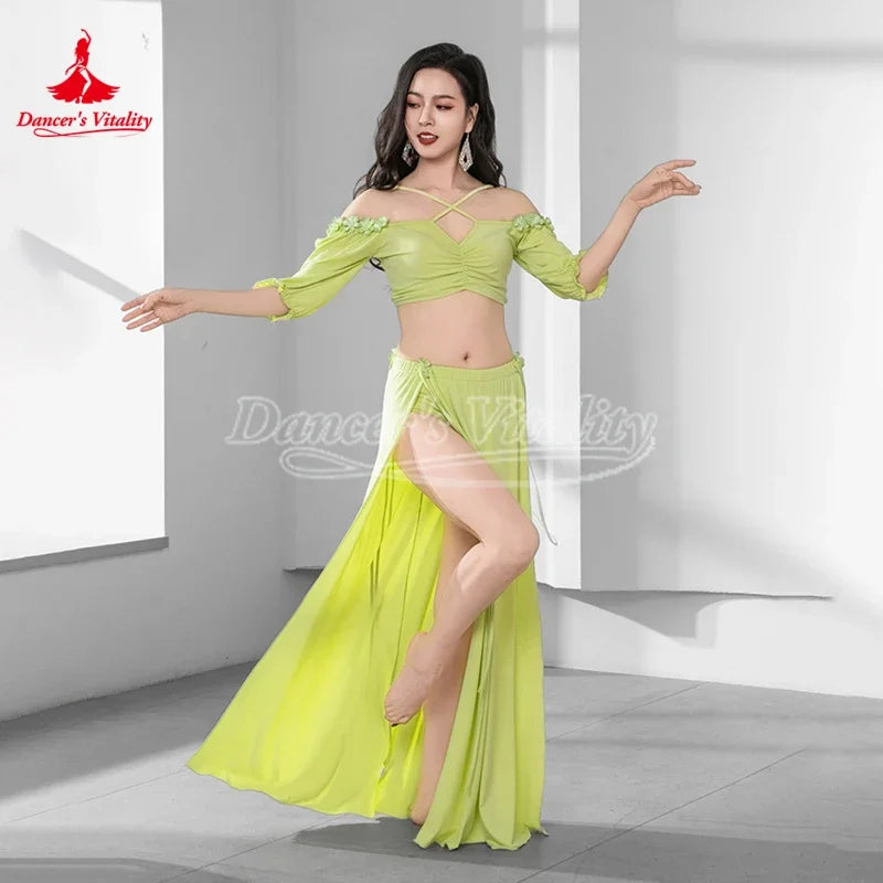 Belly Dance Costume Women Light Blue Chiffon Off-Shoulder Crop Top & High Slit Skirt Set for Oriental Dance Performance