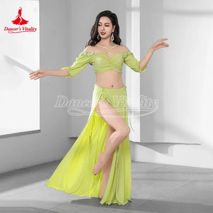 Belly Dance Costume Women Light Blue Chiffon Off-Shoulder Crop Top & High Slit Skirt Set for Oriental Dance Performance