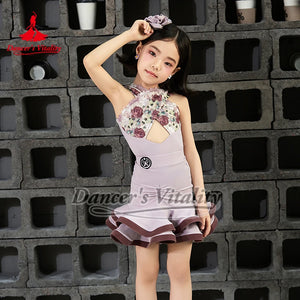 Girls Yellow Halter Neck Floral Lace Cutout Ruffled Latin Dance Dress