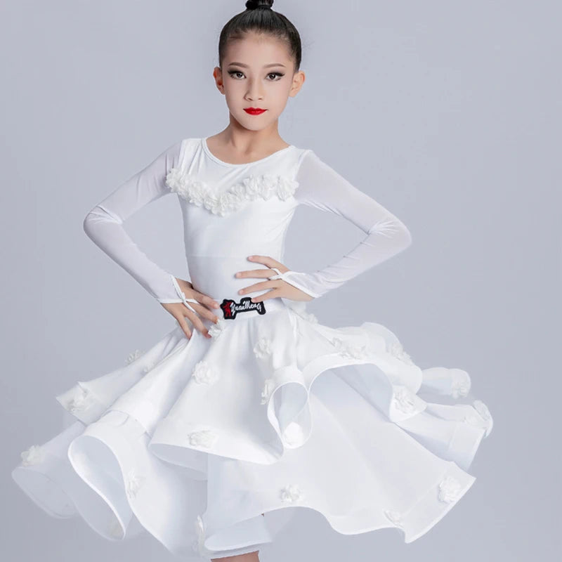 Girls White Ruffle Long Sleeve Latin Dance Dress with Floral Appliques