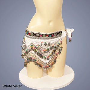 Belly Dance Hip Scarf, Women's Blue Gold Coin & Jewel Embellished Chiffon Waist Wrap, Tribal Fusion Bellydance