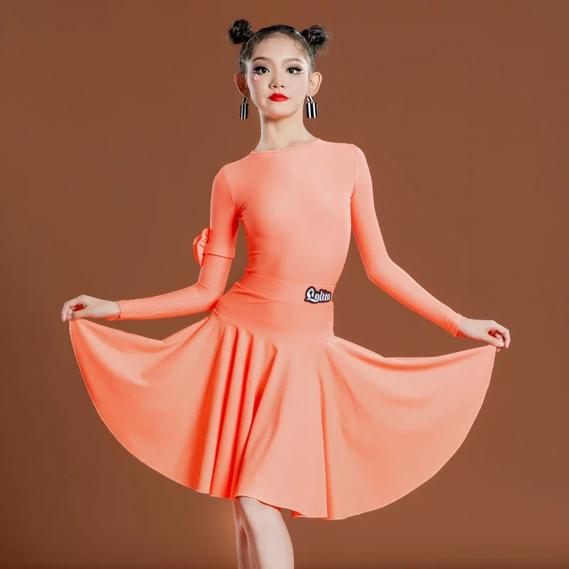 Girls Latin Dance Dress, Long Sleeve, Pleated Skirt, Ballroom Performance Costume