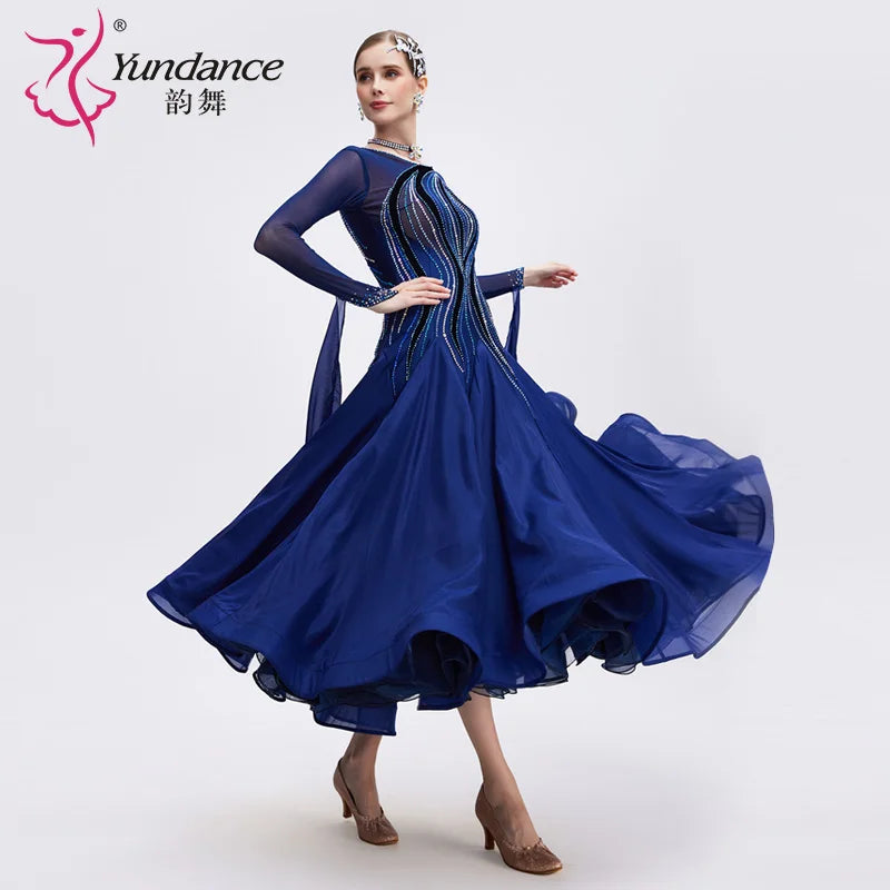 Women's International Standard Ballroom Dance Dress Long Chiffon Navy For Competition