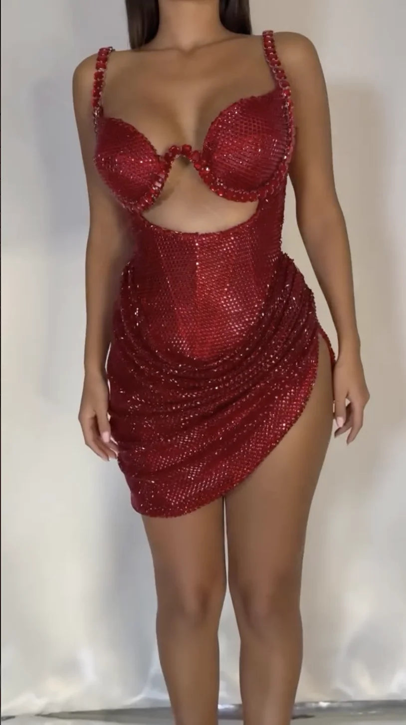 Women's Red Sequin Cut-Out Ruched Mini Dress - Latin Dance