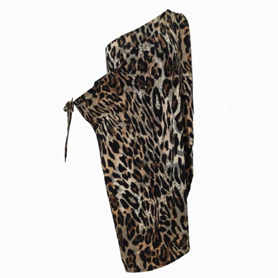 Women's Brown Leopard Print One-Shoulder Asymmetrical Hem Latin Dance Dress