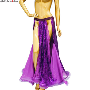 Belly Dance Women's Red Sequin Slit Skirt Chiffon Long Skirt with Elastic Waistband