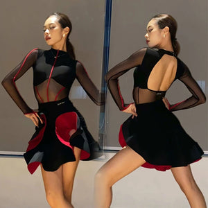 Women's Black & Red Mesh Cutout Latin Dance Dress with Open Back