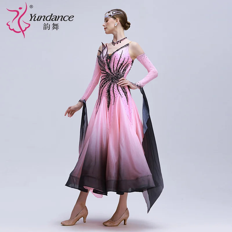 Women's Custom Standard Ballroom Dance Dress With Ombre Silk And Pearl Embellishments For Competition