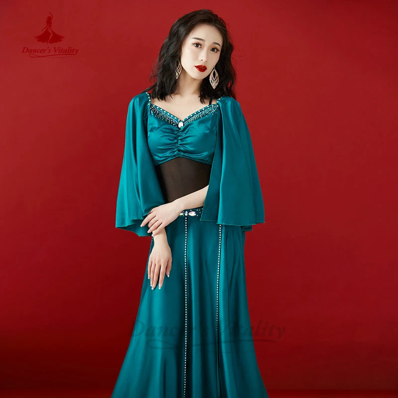 Belly Dance Costume Women's Magenta Satin Long Sleeve Top and High Slit Skirt Set with Rhinestone Trim