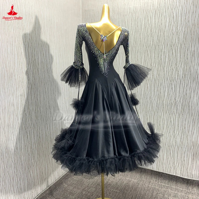 Standard Ballroom Dance Middle-length Sleeves AB Stones Black Big Swing Dresses Customize Adult Waltz Foxtrot Tango Clothing