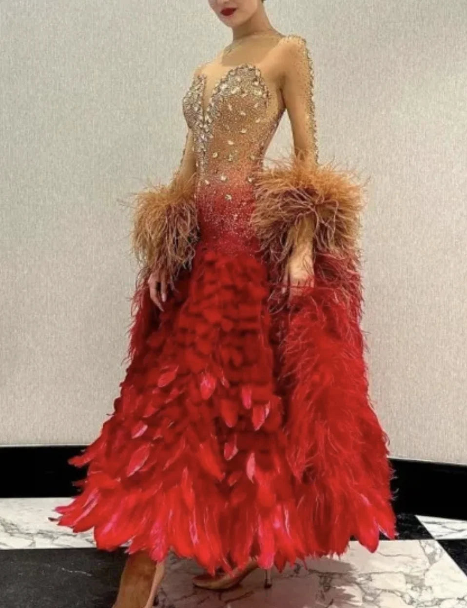 Women's Red & Gold Feathered Rhinestone Ballroom Dance Dress with Nude Illusion Bodice