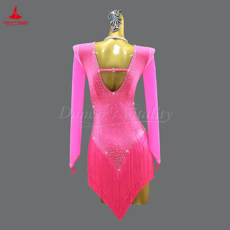 Latin Ballroom Dance Costume With Tassel And Long Sleeves For Adults And Kids Competition