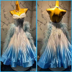 Women's Blue Ombre Pleated Ballroom Dance Dress with Feathers and Rhinestones