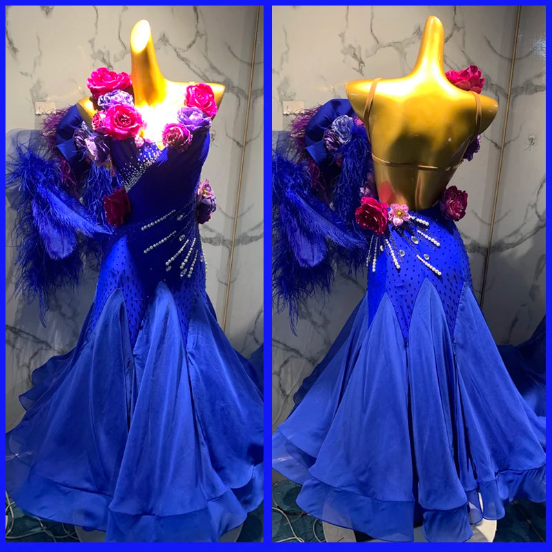 Women's Royal Blue Rhinestone & Feather Ballroom Dance Dress