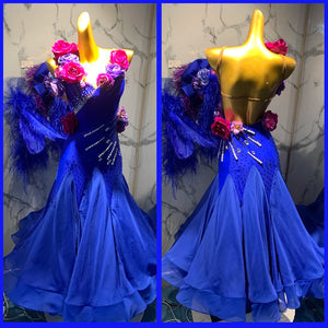 Women's Royal Blue Rhinestone & Feather Ballroom Dance Dress