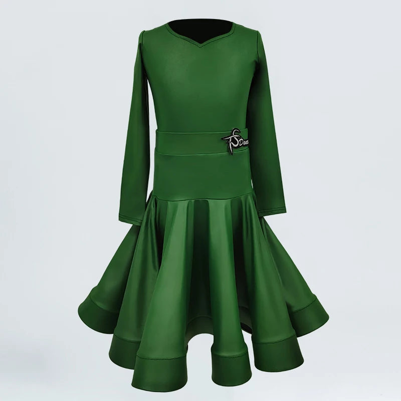 Girls Latin Dance Dress, Brown Red Black White Faux Leather Long Sleeve Skirt