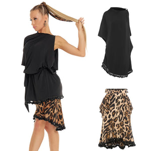 Women's Black & Leopard Print Sequin Trim Asymmetrical Latin Dance Dress