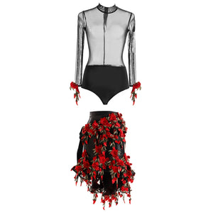 Women's Black Sheer Mesh Bodysuit & Rose Applique Asymmetrical Skirt Latin Dancewear Set