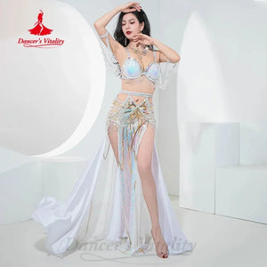 Belly Dance Costume Women Green Sequin Bra and Slit Skirt Set with Black Chiffon Panels for Professional Performance